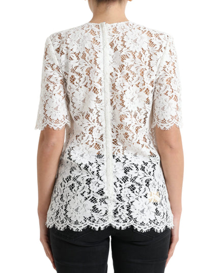 Dolce & Gabbana White Floral Lace Cotton Round Neck Blouse Top