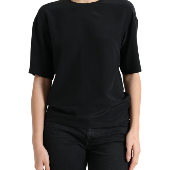 Dolce & Gabbana Black Silk Round Neck Short Sleeve Blouse Top