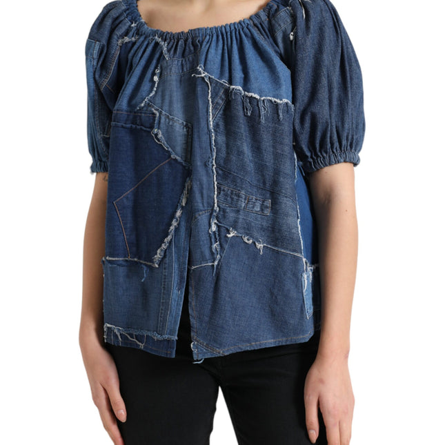 Dolce & Gabbana Blue Patchwork Short Sleeves Denim Blouse Top