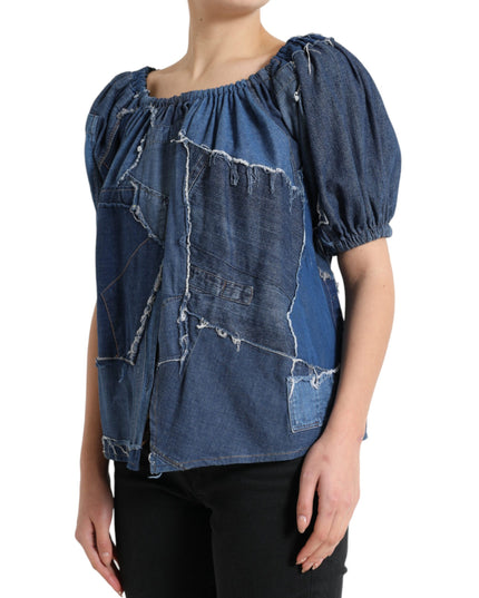 Dolce & Gabbana Blue Patchwork Short Sleeves Denim Blouse Top