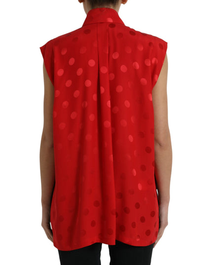 Dolce & Gabbana Red Polka Dot Sleeveless Collared Blouse Top
