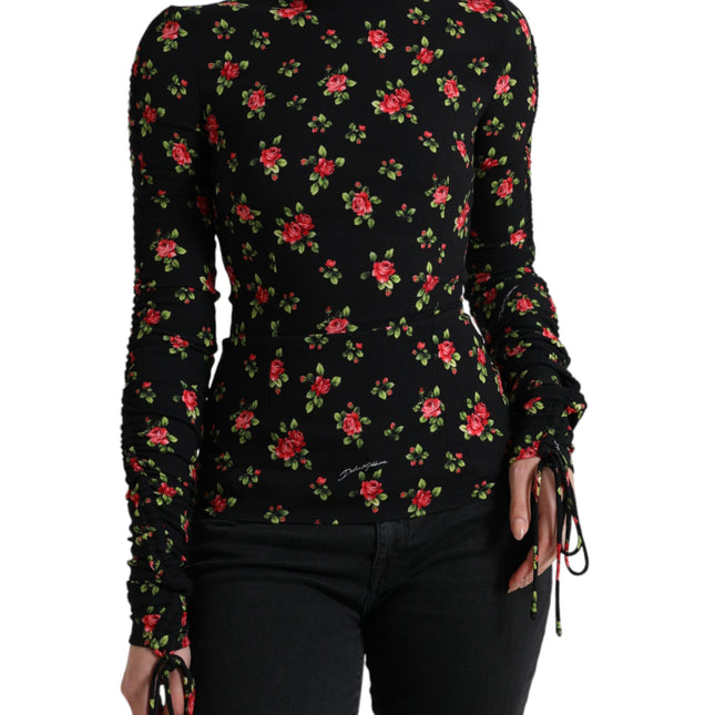 Dolce & Gabbana Black Rose Print Turtle Neck Blouse Top