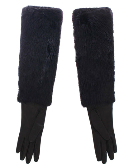 Dolce & Gabbana Black Beaver Fur Lambskin Leather Elbow Gloves