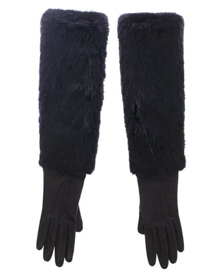 Dolce & Gabbana Black Beaver Fur Lambskin Leather Elbow Gloves