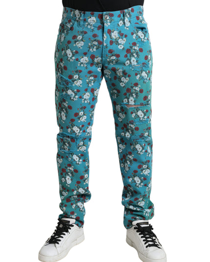 Dolce & Gabbana Blue Floral Print Skinny Cotton Denim Pants