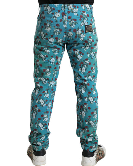 Dolce & Gabbana Blue Floral Print Skinny Cotton Denim Pants