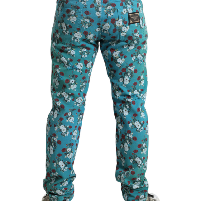 Dolce & Gabbana Blue Floral Print Skinny Cotton Denim Pants