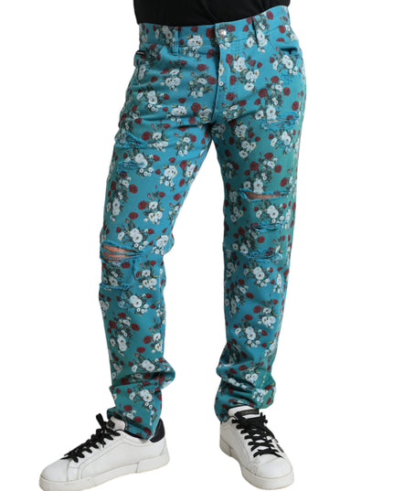 Dolce & Gabbana Blue Floral Print Skinny Cotton Denim Pants