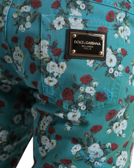 Dolce & Gabbana Blue Floral Print Skinny Cotton Denim Pants