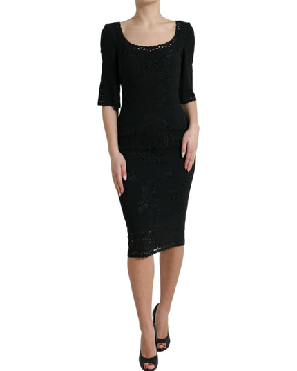 Dolce & Gabbana Black Floral Lace Viscose Bodycon Midi Dress