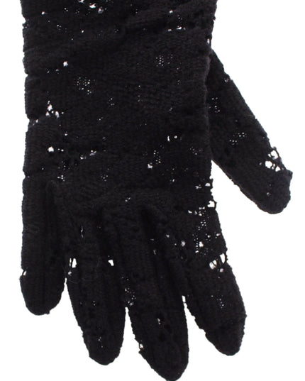 Dolce & Gabbana Black Lace Wool Lambskin Fur Elbow Gloves