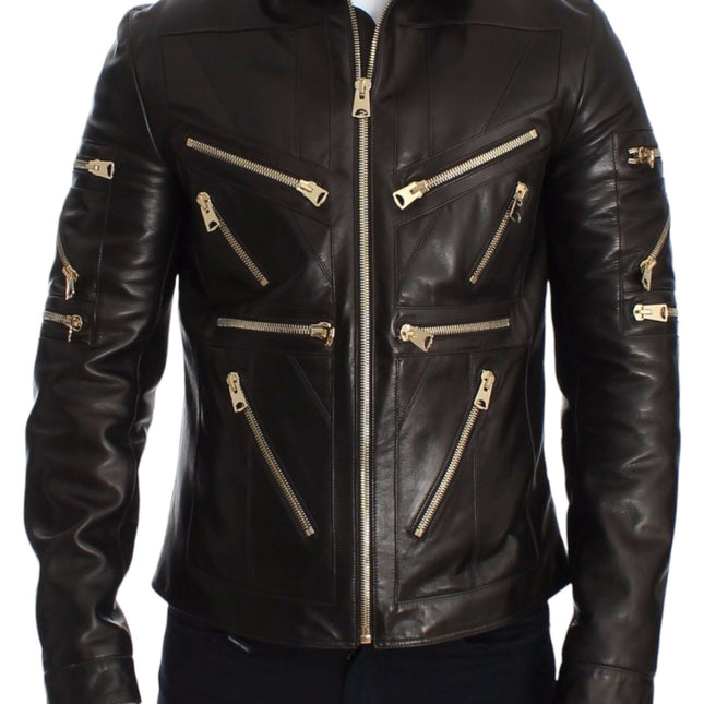 Dolce & Gabbana Brown Lambskin Leather Zipper Jacket