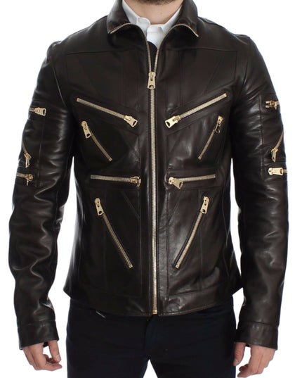 Dolce & Gabbana Brown Lambskin Leather Zipper Jacket