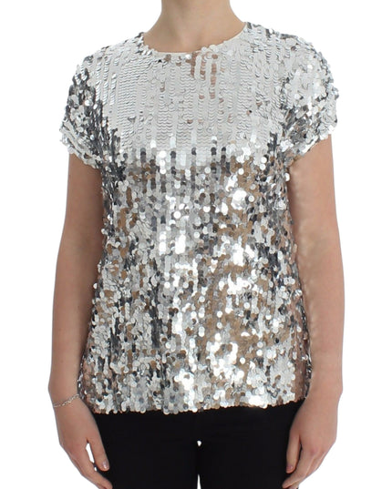 Dolce & Gabbana Silver Sequined Crewneck Blouse T-shirt Top