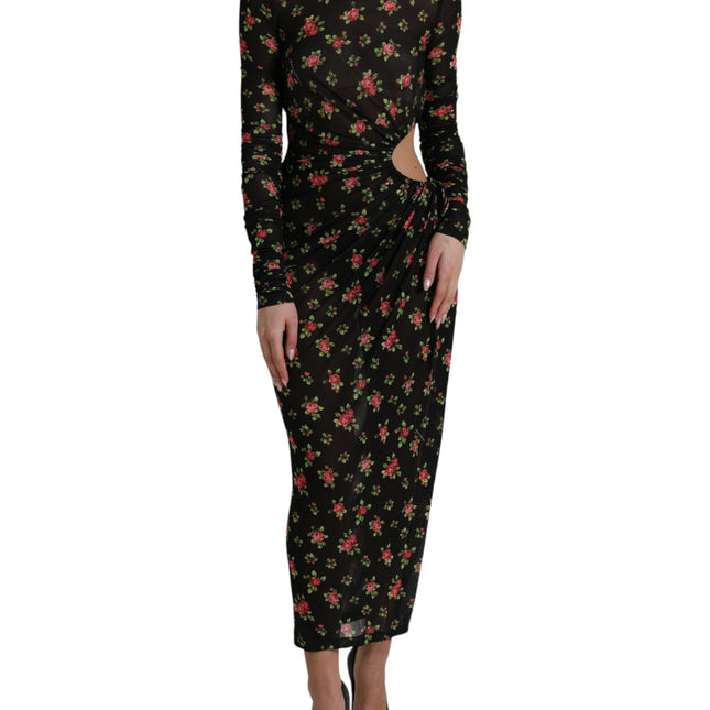 Dolce & Gabbana Black Floral Cut Out Sheath Long Maxi Dress