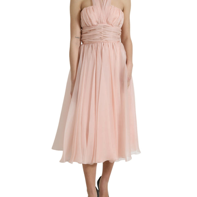 Dolce & Gabbana Pink Silk Chiffon Halter A-line Pleated Midi Dress