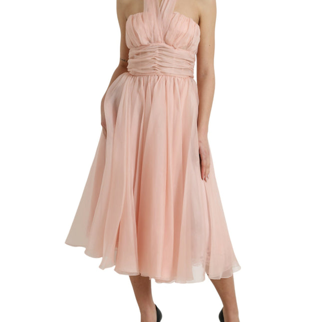 Dolce & Gabbana Pink Silk Chiffon Halter A-line Pleated Midi Dress