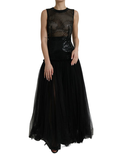 Dolce & Gabbana Black Sequined Sleeveless Mesh Layered Gown Dress