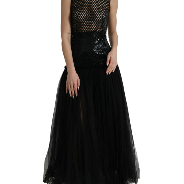 Dolce & Gabbana Black Sequined Sleeveless Mesh Layered Gown Dress