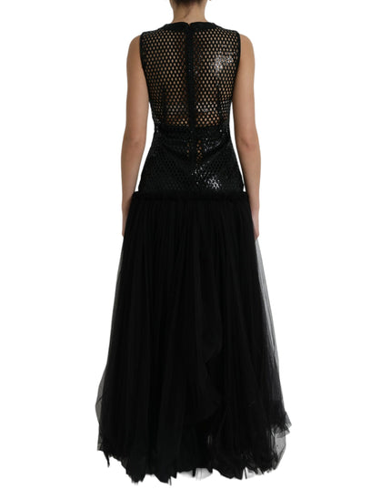 Dolce & Gabbana Black Sequined Sleeveless Mesh Layered Gown Dress