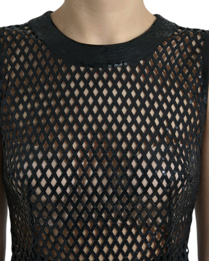 Dolce & Gabbana Black Sequined Sleeveless Mesh Layered Gown Dress