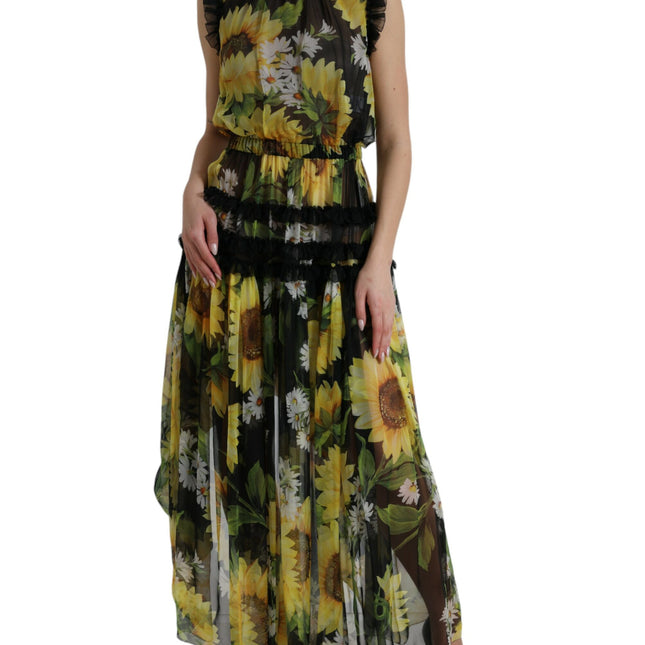 Dolce & Gabbana Black Sunflower A-line Pleated Maxi Dress