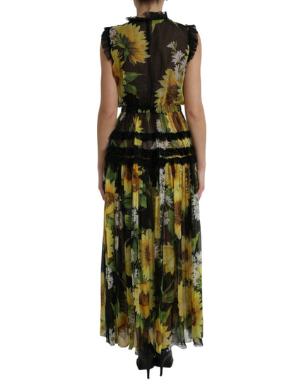 Dolce & Gabbana Black Sunflower A-line Pleated Maxi Dress