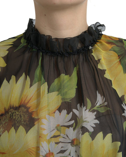 Dolce & Gabbana Black Sunflower A-line Pleated Maxi Dress