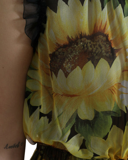 Dolce & Gabbana Black Sunflower A-line Pleated Maxi Dress