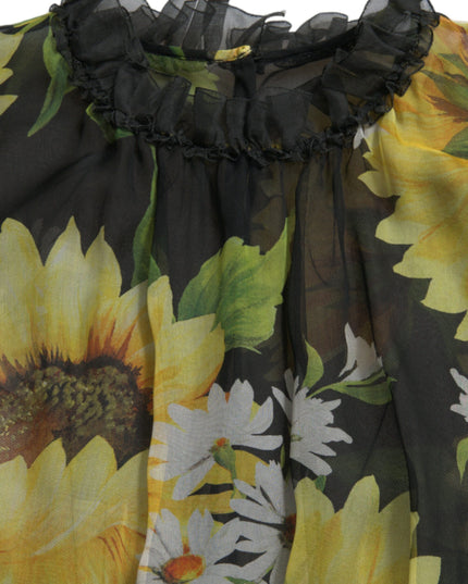 Dolce & Gabbana Black Sunflower A-line Pleated Maxi Dress