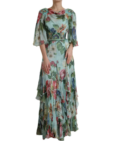 Dolce & Gabbana Blue Floral Print Tiered Long Maxi Dress