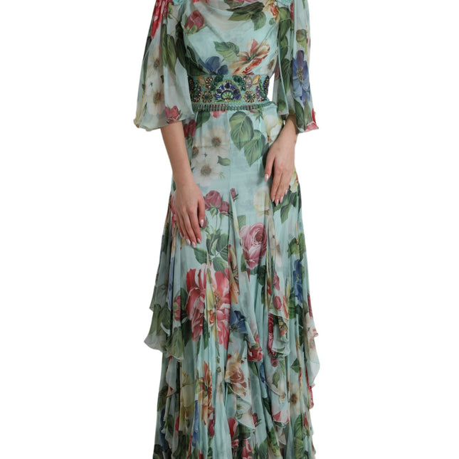 Dolce & Gabbana Blue Floral Print Tiered Long Maxi Dress