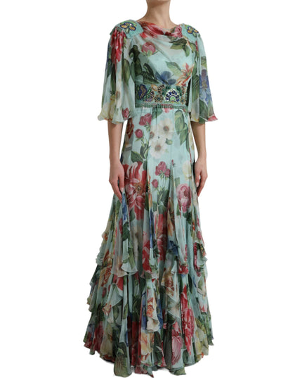 Dolce & Gabbana Blue Floral Print Tiered Long Maxi Dress