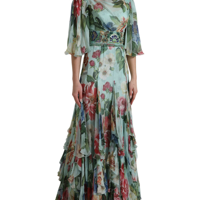 Dolce & Gabbana Blue Floral Print Tiered Long Maxi Dress