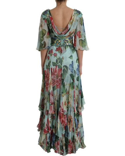 Dolce & Gabbana Blue Floral Print Tiered Long Maxi Dress