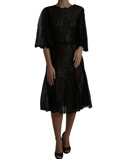 Dolce & Gabbana Black Floral Lace Sheer A-line Midi Dress