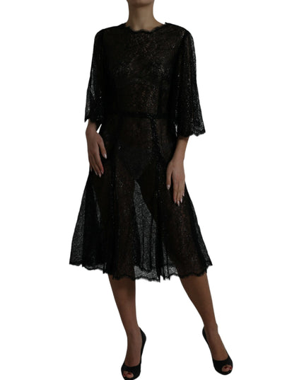 Dolce & Gabbana Black Floral Lace Sheer A-line Midi Dress
