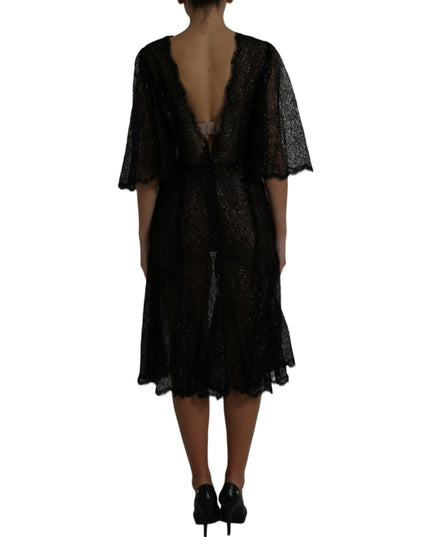 Dolce & Gabbana Black Floral Lace Sheer A-line Midi Dress