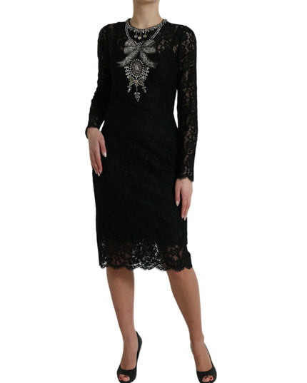 Dolce & Gabbana Black Lace Crystal Embellished Sheath Dress