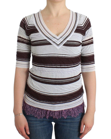 Ermanno Scervino Striped Lace V-Neck Short Sleeve Top Sweater