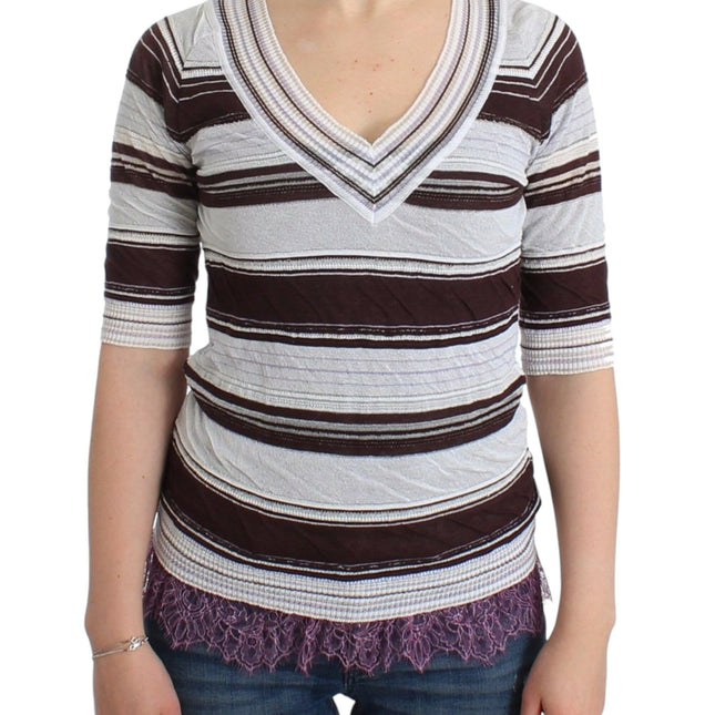 Ermanno Scervino Striped Lace V-Neck Short Sleeve Top Sweater