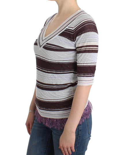 Ermanno Scervino Striped Lace V-Neck Short Sleeve Top Sweater