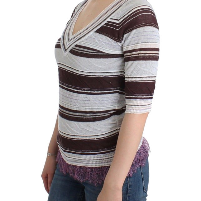 Ermanno Scervino Striped Lace V-Neck Short Sleeve Top Sweater