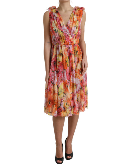 Dolce & Gabbana Multicolor Sunflower Print Silk Midi Dress