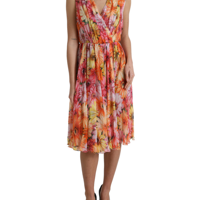 Dolce & Gabbana Multicolor Sunflower Print Silk Midi Dress