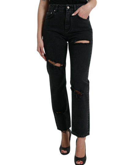 Dolce & Gabbana Black Cotton High Waist Tattered Denim Jeans