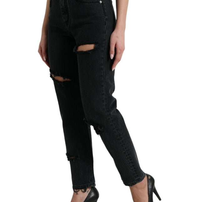 Dolce & Gabbana Black Cotton High Waist Tattered Denim Jeans