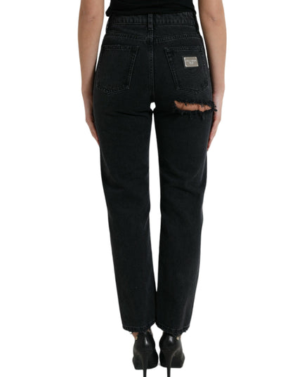 Dolce & Gabbana Black Cotton High Waist Tattered Denim Jeans