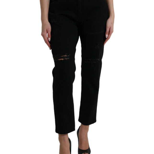 Dolce & Gabbana Black Cotton High Waist Tattered Denim Jeans