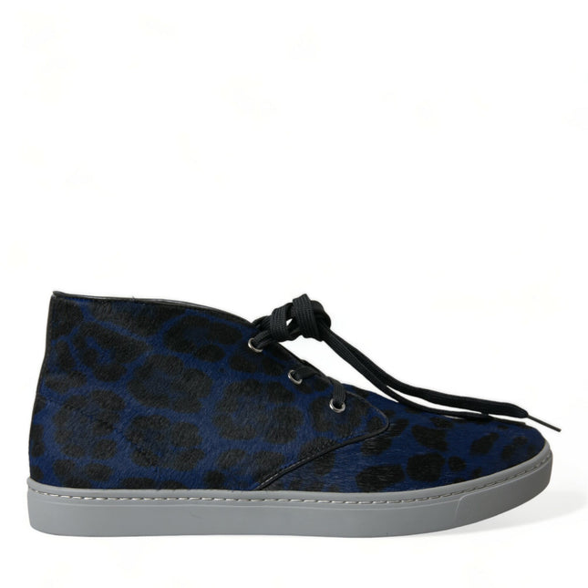Dolce & Gabbana Blue Calfskin Leopard Mid Top Sneakers Shoes